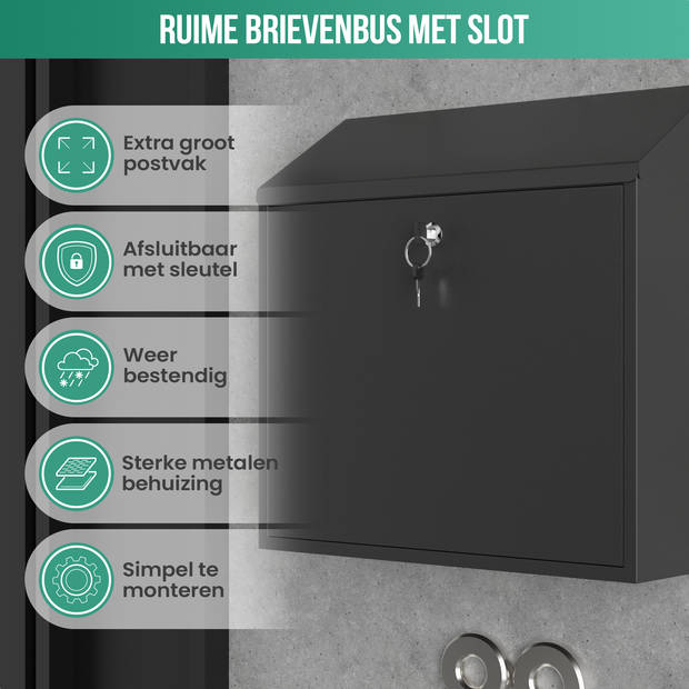 Avalo Brievenbus Zwart RVS - Wandbrievenbus - Incl. Montagemateriaal & 2 Sleutels