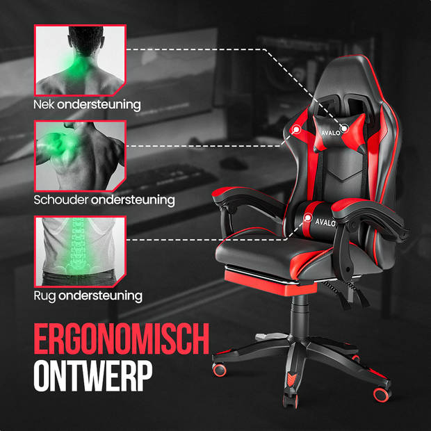 Avalo Gaming Stoel - Gamestoel - Ergonomische Bureaustoel Verstelbaar - Game Stoel - Gaming Chair - Zwart/Rood