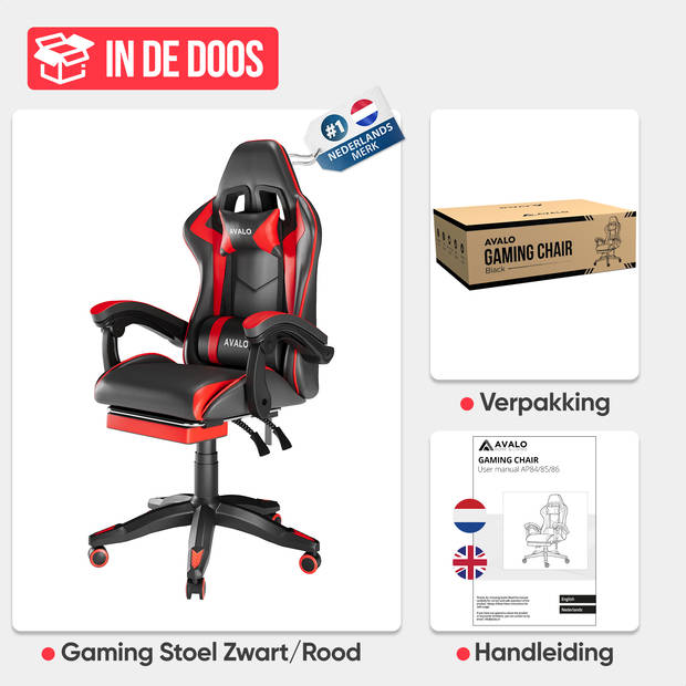 Avalo Gaming Stoel - Gamestoel - Ergonomische Bureaustoel Verstelbaar - Game Stoel - Gaming Chair - Zwart/Rood