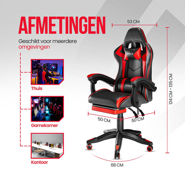 Avalo Gaming Stoel - Gamestoel - Ergonomische Bureaustoel Verstelbaar - Game Stoel - Gaming Chair - Zwart/Rood