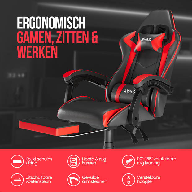 Avalo Gaming Stoel - Gamestoel - Ergonomische Bureaustoel Verstelbaar - Game Stoel - Gaming Chair - Zwart/Rood