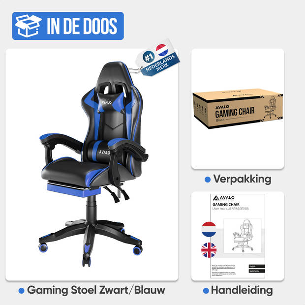 Avalo Gaming Stoel - Gamestoel - Ergonomische Bureaustoel Verstelbaar - Game Stoel - Gaming Chair - Zwart/Blauw