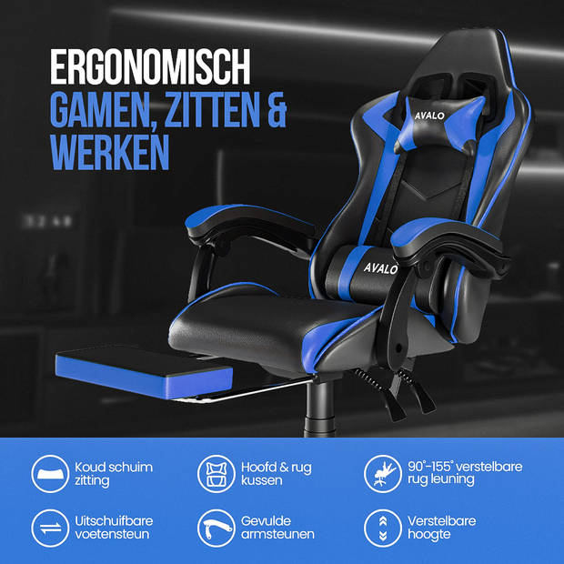 Avalo Gaming Stoel - Gamestoel - Ergonomische Bureaustoel Verstelbaar - Game Stoel - Gaming Chair - Zwart/Blauw