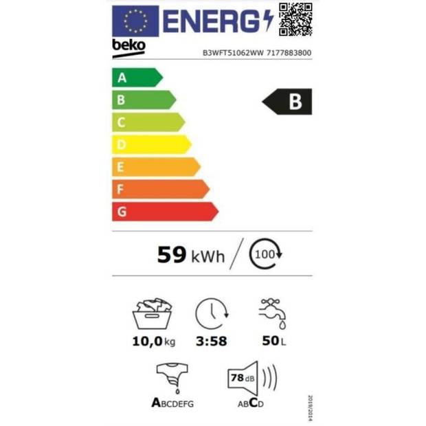 BEKO B3WFT51062WW patrijspoortwasmachine - 10 kg - Inductie - L60cm - 1600 tpm - Klasse B - Wit