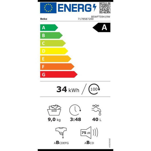 BEKO B5WFT59419W patrijspoortwasmachine - 9 kg - Inductie - L60cm - 1400 tpm - Klasse A - Wit