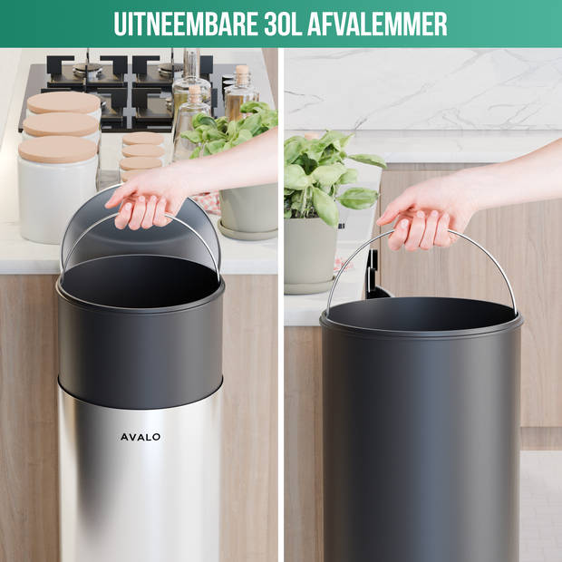 Avalo Pedaalemmer Prullenbak 30L - RVS Zilver - Soft Close - Pedaalemmer 30 Liter - Prullenbak 30 Liter