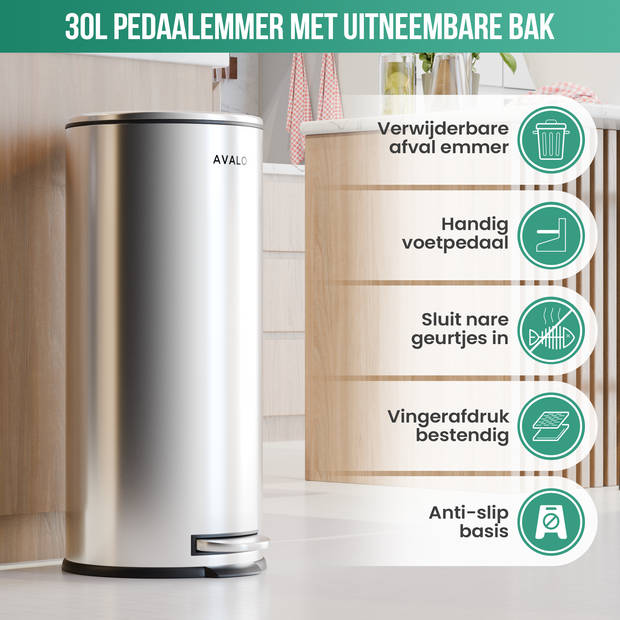 Avalo Pedaalemmer Prullenbak 30L - RVS Zilver - Soft Close - Pedaalemmer 30 Liter - Prullenbak 30 Liter