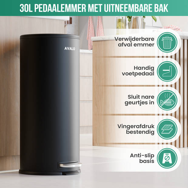 Avalo Pedaalemmer Prullenbak 30L - RVS Zwart - Soft Close - Pedaalemmer 30 Liter - Prullenbak 30 Liter