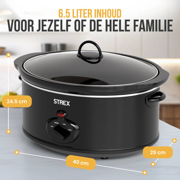 Strex Slowcooker 6.5L - Uitneembare Keramische Binnenpan - Warmhoudfunctie - Slow Cooker - Zwart