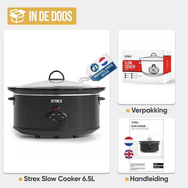 Strex Slowcooker 6.5L - Uitneembare Keramische Binnenpan - Warmhoudfunctie - Slow Cooker - Zwart