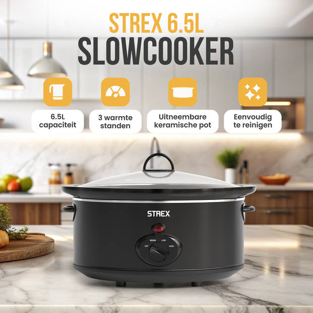 Strex Slowcooker 6.5L - Uitneembare Keramische Binnenpan - Warmhoudfunctie - Slow Cooker - Zwart