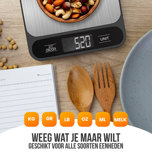 Strex Keukenweegschaal Digitaal - Weegschaal Keuken - 1 g tot 10 kg - Tarra Functie - Inclusief Batterijen - RVS/Zwart