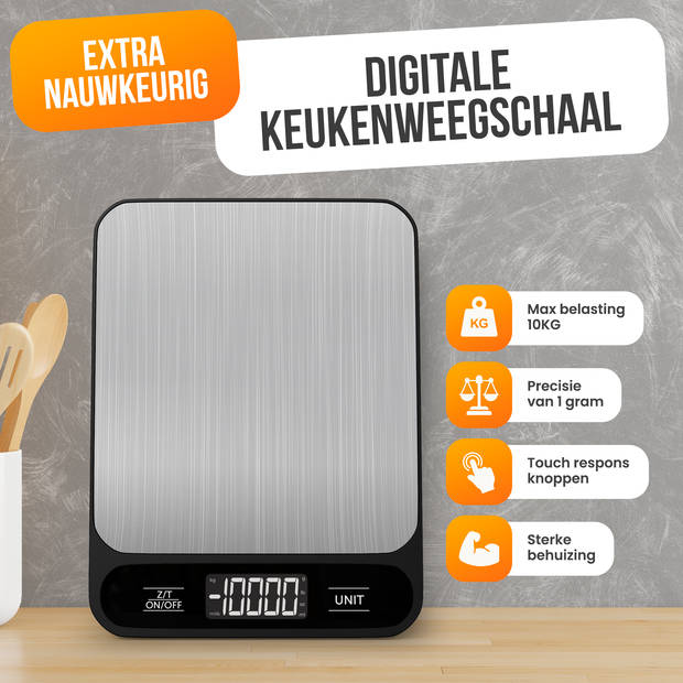 Strex Keukenweegschaal Digitaal - Weegschaal Keuken - 1 g tot 10 kg - Tarra Functie - Inclusief Batterijen - RVS/Zwart