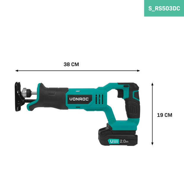 VONROC Accu Reciprozaag 20V - Incl. 3 Zaagbladen - Incl. 2.0Ah Accu en snellader