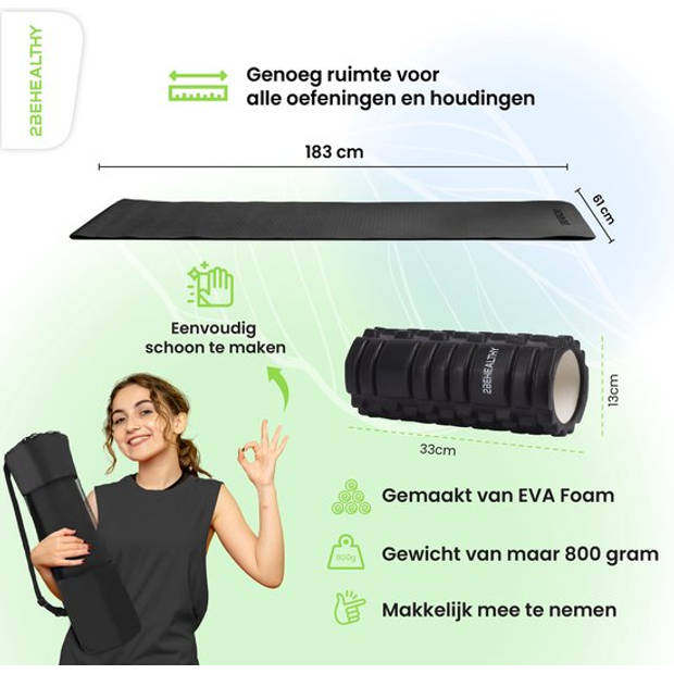 2BEHEALTHY® Yoga Mat extra dik & Foam Roller Combinatie set - Sportmat - Yogamat Antislip - Joga Mat / Yogamatje