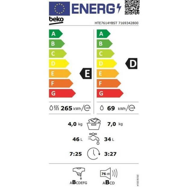 BEKO HTE7614YBST was-droogcombinatie - 7/4 kg - Inductie - L60cm - 1200 tpm - Wit