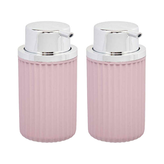 Berilo zeeppompje/dispenser Roma - 2x - roze/zilver - kunststof - 8 x 15 cm - 420 ml - Zeeppompjes