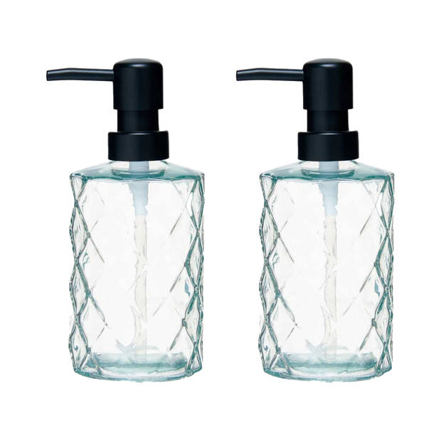 Berilo zeeppompje/dispenser Diamond - 2x - helder transparant - glas - 18 x 7 cm - 410 ml - Zeeppompjes