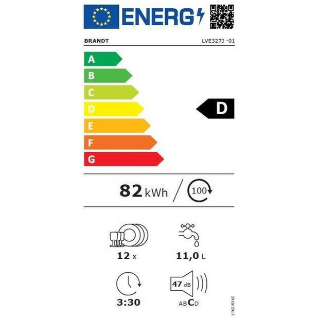 BRANDT LVE327J Inbouw vaatwasser - 12 couverts - L60cm - 47 dB - Zwart