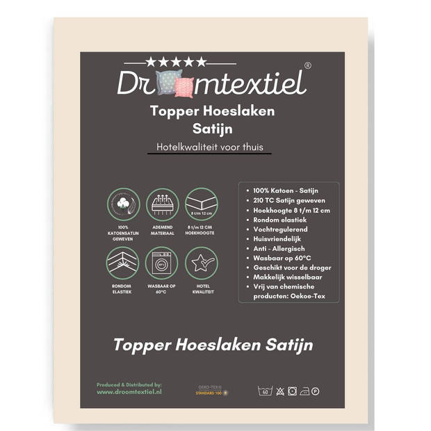 Droomtextiel Hoeslaken Topper - 100% Katoen Satijn 90x200 cm - Tot 12 cm Matrashoogte - Perfecte Pasvorm - Zand