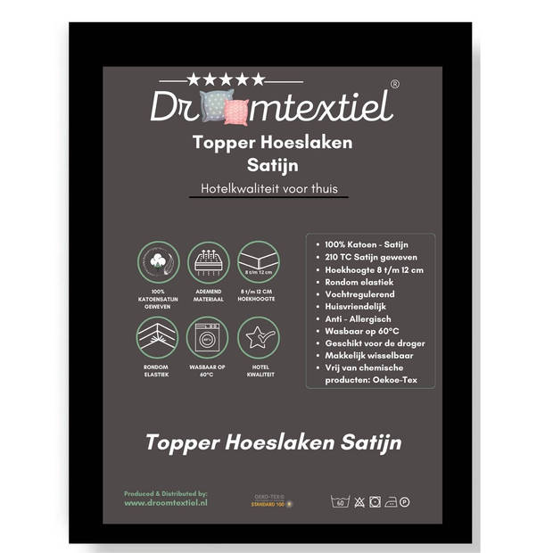 Droomtextiel Hoeslaken Topper - 100% Katoen Satijn 90x220 cm - Tot 12 cm Matrashoogte - Perfecte Pasvorm - Zwart