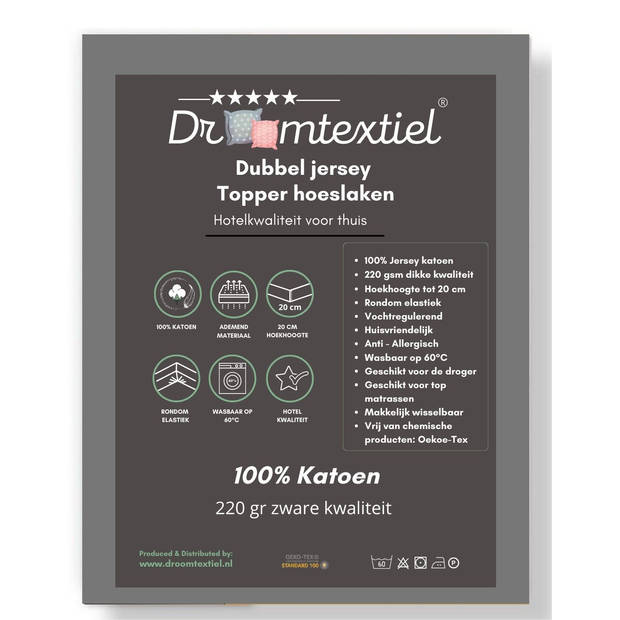 Droomtextiel Topper Hoeslaken Dubbel Jersey Antraciet - 180x200 cm - 100% Zacht Katoen