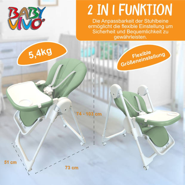 Baby Vivo Kinderstoel Tippy- mint- met wieltjes Babyvoedingszitje