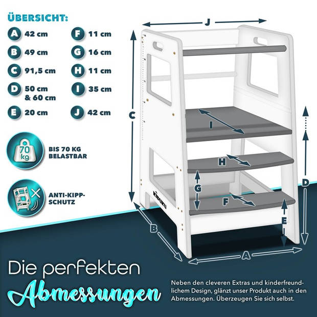 KIDUKU® leertoren wit-grijs van hout - Montessori kinderkruk- keukenhulp - learning tower- kindertrapje- opstapje-