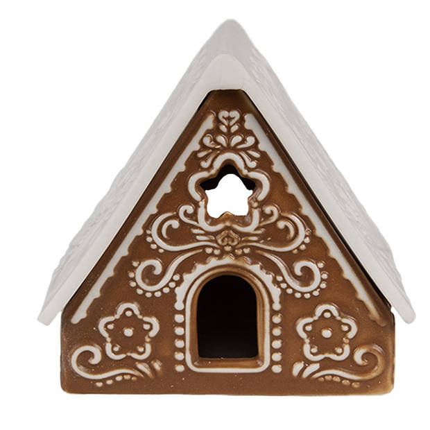 Clayre & Eef Waxinelichthouder Gingerbread house 8x8x8 cm Bruin Porselein Theelichthouder Bruin Theelichthouder