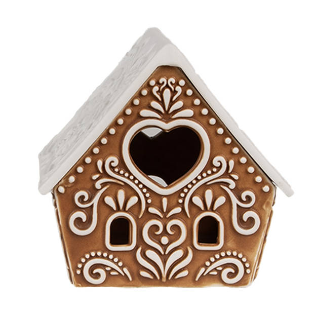 Clayre & Eef Waxinelichthouder Gingerbread house 9x7x8 cm Bruin Porselein Theelichthouder Bruin Theelichthouder