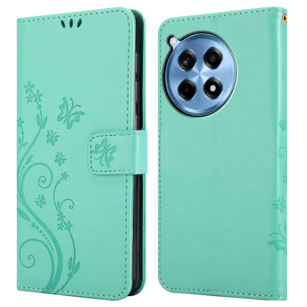 Cadorabo Hoesje geschikt voor OnePlus 12R in BLOEMEN TURKOOIS - Beschermhoes Case Cover Bloemen magnetische sluiting