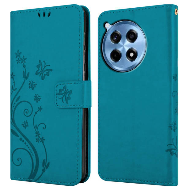 Cadorabo Hoesje geschikt voor OnePlus 12R in BLOEMEN BLAUW - Beschermhoes Case Cover Bloemen magnetische sluiting