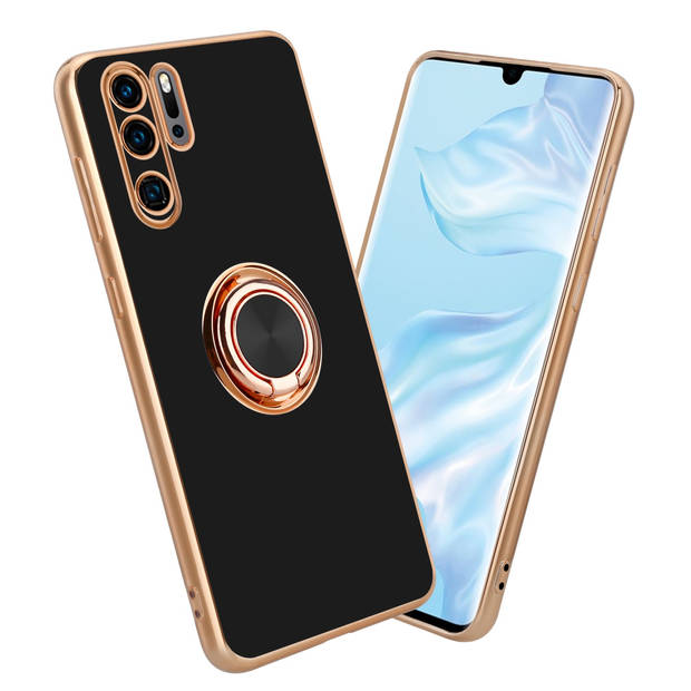 Cadorabo Hoesje geschikt voor Huawei P30 PRO in Glossy Zwart - Goud - Beschermhoes Camerabescherming magnetische