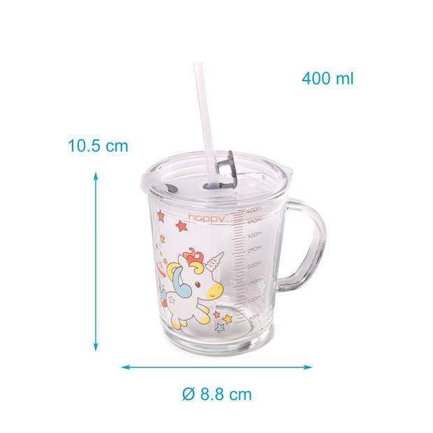 Intirilife doorschijnende kinderbeker met deksel, schaal en rietje met eenhoorn ontwerp - 400 ml - drinkglas met handvat