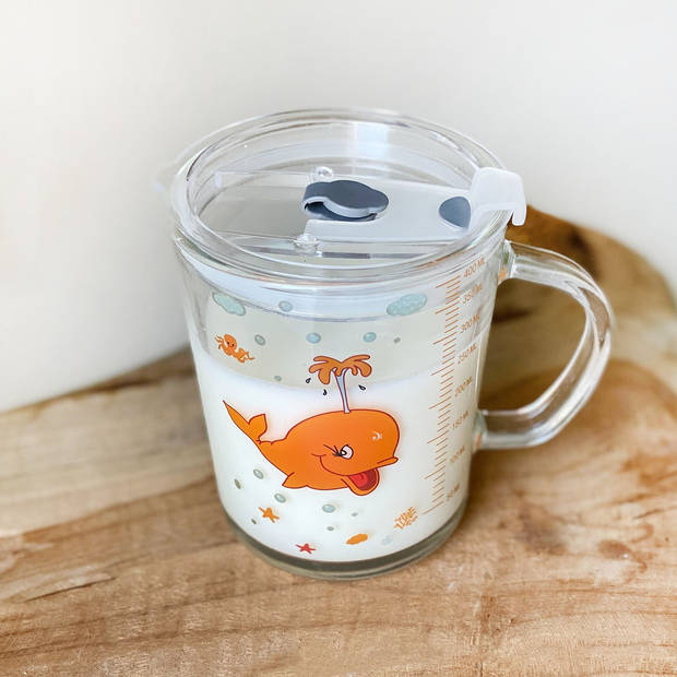 Intirilife doorschijnende kinderbeker met deksel, schaal en rietje met walvis ontwerp - 400 ml - drinkglas met handvat