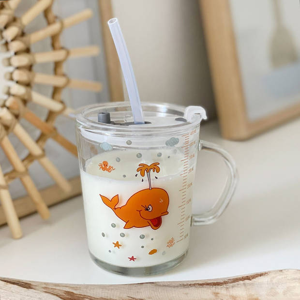 Intirilife doorschijnende kinderbeker met deksel, schaal en rietje met walvis ontwerp - 400 ml - drinkglas met handvat