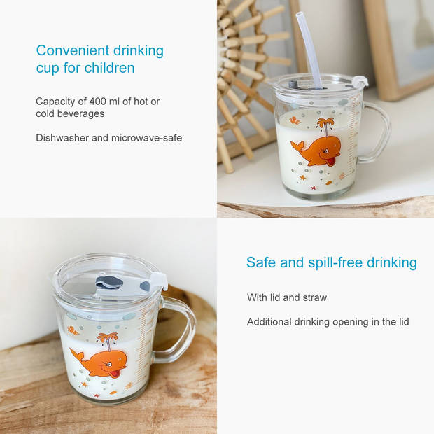 Intirilife doorschijnende kinderbeker met deksel, schaal en rietje met walvis ontwerp - 400 ml - drinkglas met handvat