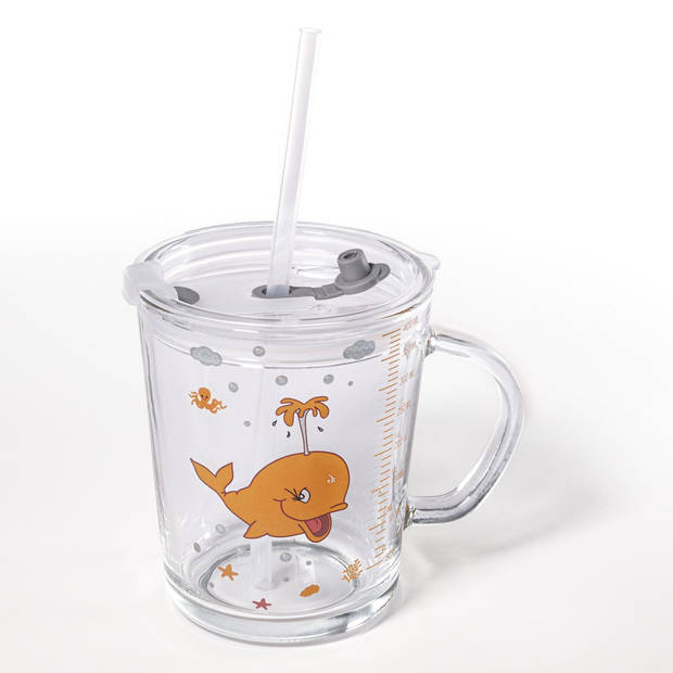 Intirilife doorschijnende kinderbeker met deksel, schaal en rietje met walvis ontwerp - 400 ml - drinkglas met handvat