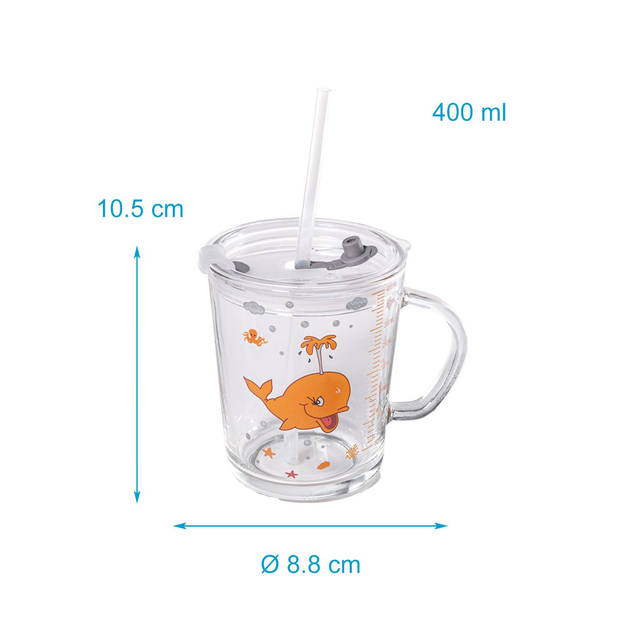 Intirilife doorschijnende kinderbeker met deksel, schaal en rietje met walvis ontwerp - 400 ml - drinkglas met handvat