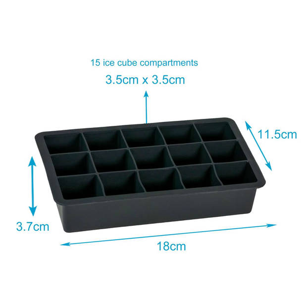 Intirilife ijsblokjesvorm/siliconen vorm in zwart – ijsblokjesvorm met 15 vakken van 3 x 3 x 3 cm voor grote ijsblok