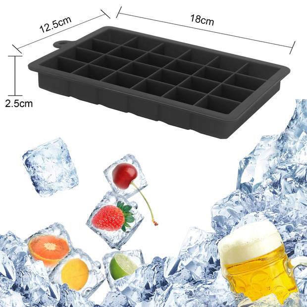 Intirilife 2 x ijsblokjesvorm in zwart, set van 2 à 24 vakken, ijsblokjesvormen met deksel, flexibele ijsblokjeshouder
