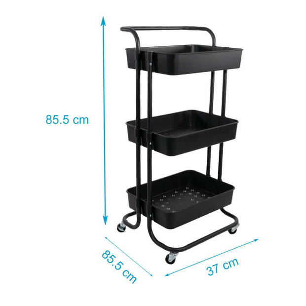 Intirilife rolwagen met 3 niveaus in zwart - 85 x 34 x 42 cm - serveerwagen met handvat, opbergwagen, voor keuken, bad