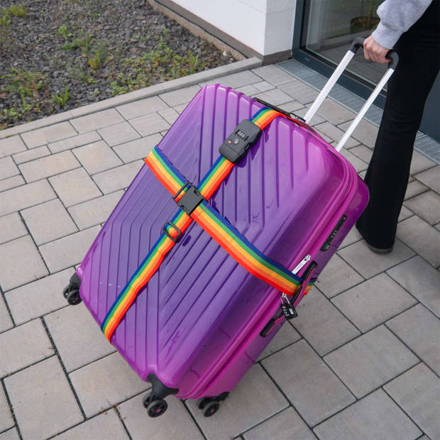 Intirilife bagageriem met cijferslot en naamlabel in regenboogkleuren - 200-100 x 5 cm / 145-171 x 5 cm - koffergordel