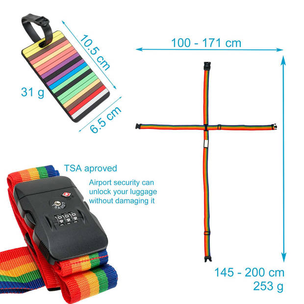 Intirilife bagageriem met cijferslot en naamlabel in regenboogkleuren - 200-100 x 5 cm / 145-171 x 5 cm - koffergordel