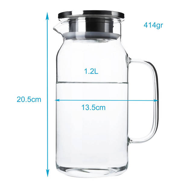 Intirilife karaf in helder - 1,2 l kan van borosilicaatglas met handvat en deksel hittebestendig thee, koffie, water