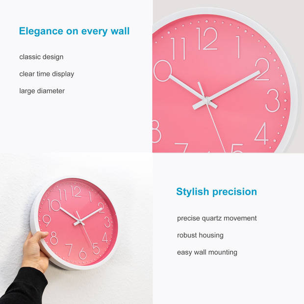 Intirilife wandklok in wit - roze met 30,5 cm diameter - praktische tijdweergave chronometer stijlvol voor elke kamer