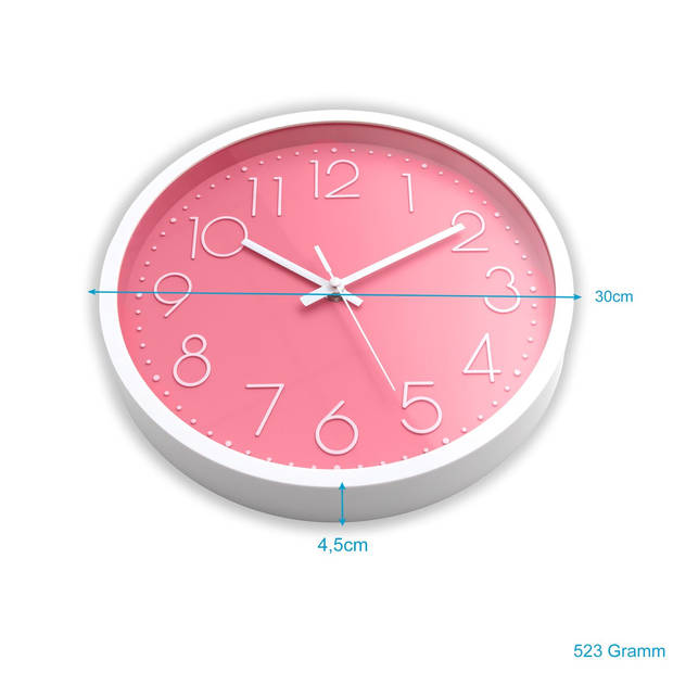 Intirilife wandklok in wit - roze met 30,5 cm diameter - praktische tijdweergave chronometer stijlvol voor elke kamer