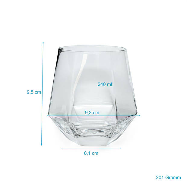 Intirilife 2x drinkglas in hexagon design transparant - 240 ml inhoud - water sap glas vaatwasmachinebestendig