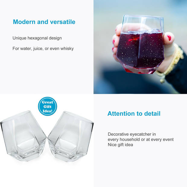 Intirilife 2x drinkglas in hexagon design transparant - 240 ml inhoud - water sap glas vaatwasmachinebestendig