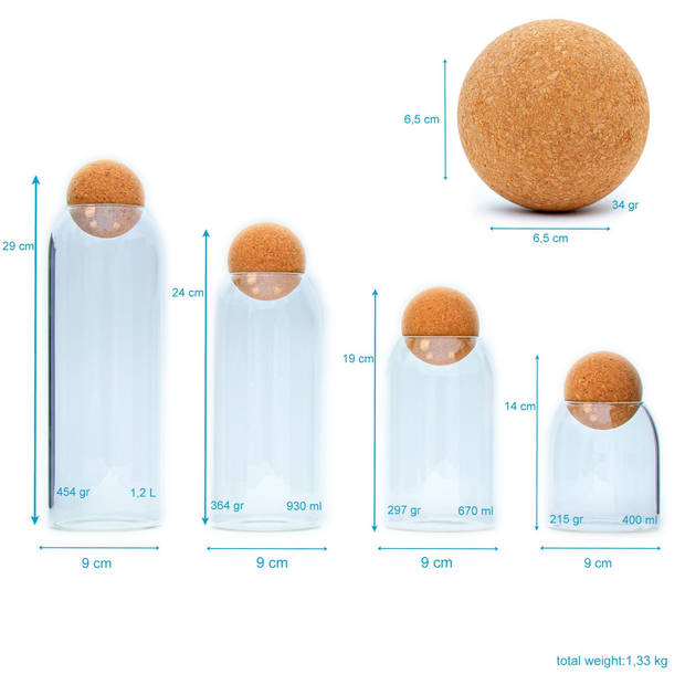 Intirilife glazen voorraadbussen met kurkbol 4-delige set - 1,2 l / 930 ml / 670 ml / 400 ml inhoud - glazen voorraadpot